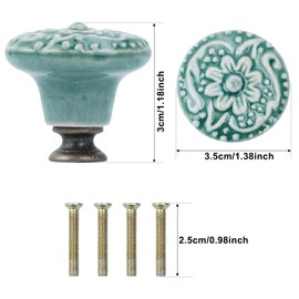 Dibotell Set of 4 Vintage Furniture Knobs, Green Floral Pattern Ceramic Cabinet Knobs with Screws, Round Door Handles for Drawers, Dressers, Kitchen Cabinets, Retro Furniture Knob for Cabinets and