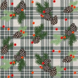 IHR Ideal Home Range Cocktail Napkins Disposable 3-Ply Paper Party Napkin Pack, 5" x 5", Woodland Pinecone Plaid, 20-Count