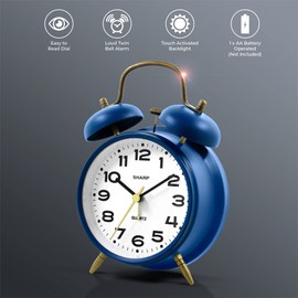 Sharp Twin Bell Alarm Clock, Loud Alarm Great for Heavy Sleepers - Stylish Matte Finish with Rustic Bronze Accents, Battery Operated (Matte Navy)
