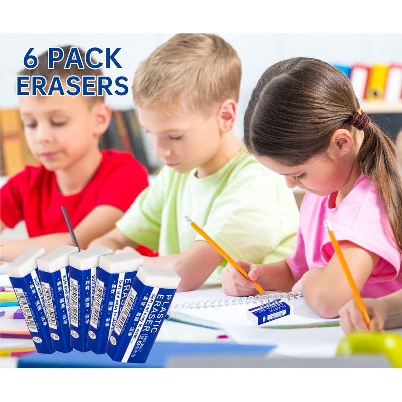 6 Pack Pencil Erasers, Large White Erasers for School, Art