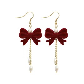 Bow Earrings for Women Pearl Bow Earrings Red Bow Long Tassel Drop Dangle Earrings Velvet Hypoallergenic Pierced Earrings Anniversary Chrsitmas Valentine's Jewelry Holiday Gift for Women (Pearl)