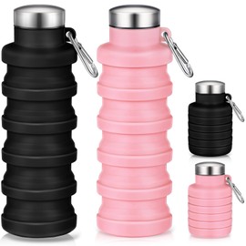 Baderke 2 Pcs 17oz Collapsible Water Bottles for Travel 500ml Reusable Foldable Silicone Water Bottle with Portable Buckle Silicone for Camping Hiking Sport (Pink,Black)