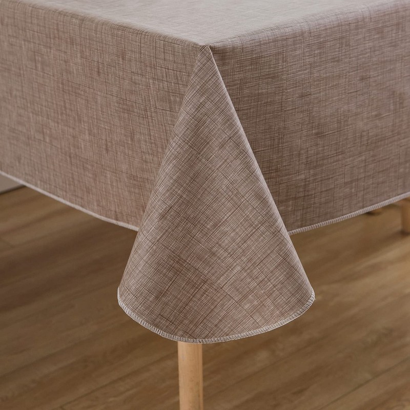 LIBERECOO Vinyl Tablecloth with Flannel Backing, Flaxen, Waterproof, Stain-Resistant, Easy-Clean