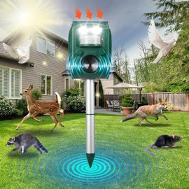Solar Ultrasonic Animal Repellent Outdoor, Motion Activated Cat Dog Deer Squirrel Deterrent with Flashing Light & PIR Sensor, Waterproof Repeller for Garden Yard Farm