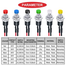 MKBKLLJY 18Pcs 7mm Mini Round Pushbutton Switches 1A 250V AC 2 Pins SPST ON Off Momentary Push Button Switch with Pre-soldered Wires for Car, Boat 6 Color(Red/Green/Yellow/Black/Blue/White)