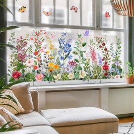 AOLTNRC Colorful Floral Window Clings, Watercolor Wildflower Wall Stickers, Peel and Stick Reusable Removable Double-Sided for Home Office Decor (Green)