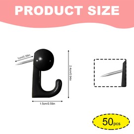 Pack of 50 Push Pin Hooks, Black Plastic Thumb Tack Hooks, Decorative Wall Hanging Nails for Cork Board, Wall Hanging, Map, Calendar, Pictures, Office, Home, School Supplies