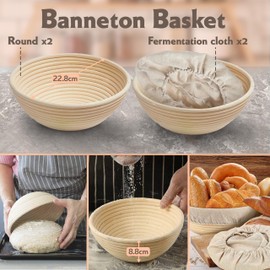 Premium 2 Round Banneton Basket 9' with 20 Accessories - Complete Banneton Bread Proofing Basket Solution - Sourdough Baking Kit with Sourdough Bread Baking Supplies - Gift Set for Professional Bakers