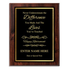 Custom Retirement Plaque for Service Recognition - Retirement Gifts for Men and Women - Happy Retirement Gifts and Award Plaque for Boss, Teacher, Coworker, Employees (Never Underestimate the Difference, 8" X 10")