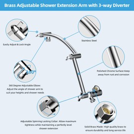 Hibbent Metal 16'' Shower Head Extension Arm with 3-way Diverter Valve, Brass Flexible Height & Angle Adjustable Shower Arm Extender for Rain Showerhead, Stainless Steel Pipe Height Extending, Chrome