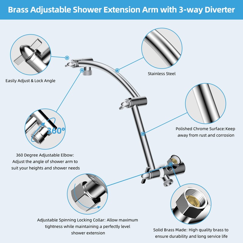 Hibbent Metal 16'' Shower Head Extension Arm with 3-way Diverter