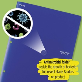 Five Star DuraShield Antimicrobial 2-Pocket Stay-Put Plastic Folders, 4 Pack, Holds 11" x 8-1/2", Assorted Colors (330010-ECM)