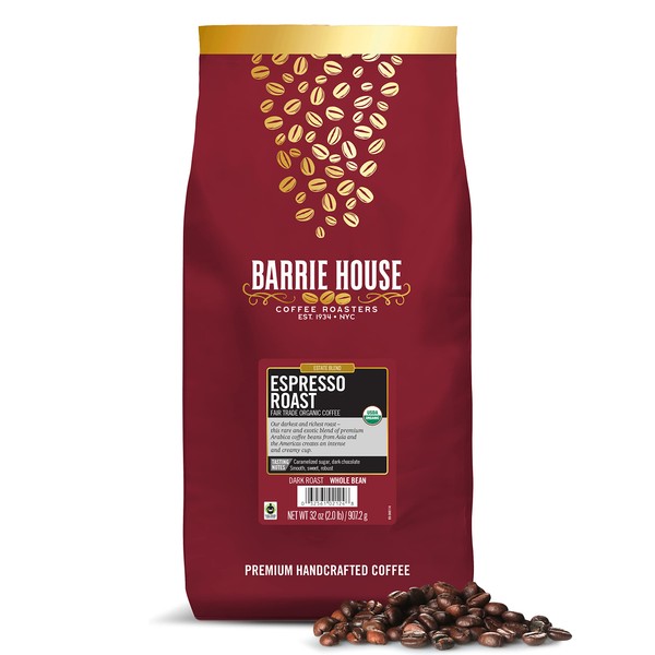 Barrie House Espresso Roast Whole Bean Coffee, 2 lb Bag | Fair Trade Organic Certified | Dark Roast | Sweet and Robust Flavor| 100% Arabica Coffee Beans