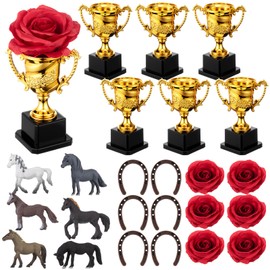 Roshtia 24 Pcs Kentucky Horsing Racing Party Decoration Derby Day Table Centerpieces Golden Trophy Horseshoe Red Rose and Horse for Horse Themed Birthday Party Favor Bulk
