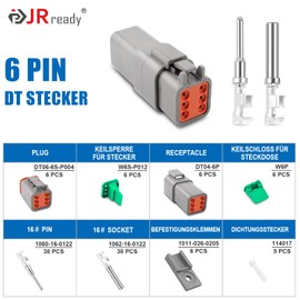 JRready German Plug 6 Pin DT Plug Set 6 Sets IP68 Waterproof Electrical Connector with Wire Gauge 14-18 AWG German Terminal Kit for Car, Motorcycle, Truck, Boat