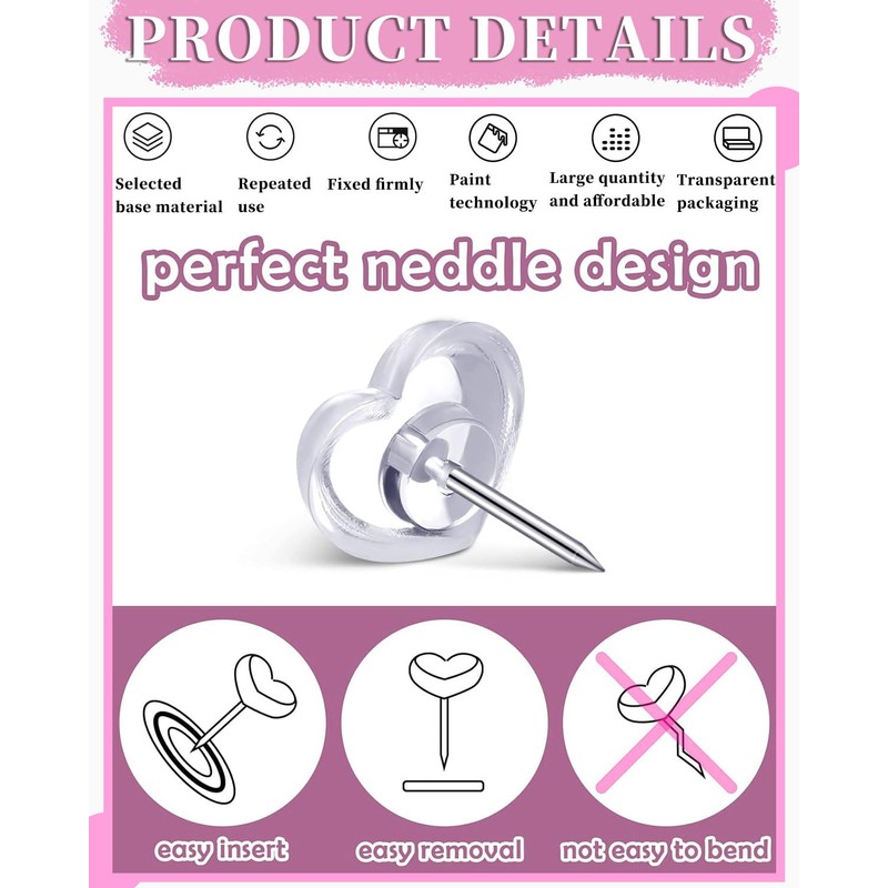 MYGLOAR 100pcs Heart Shaped Push Pins Push Pins Clear 16mm