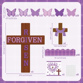 BeYumi Easter Cross Bulletin Board - 95Pcs Jesus Forgiven Risen Cross Christian Bulletin Border Set Purple 3D Butterfly Cutout Plaid Border Trim Sunday School Classroom Church Chalkboard Decoration