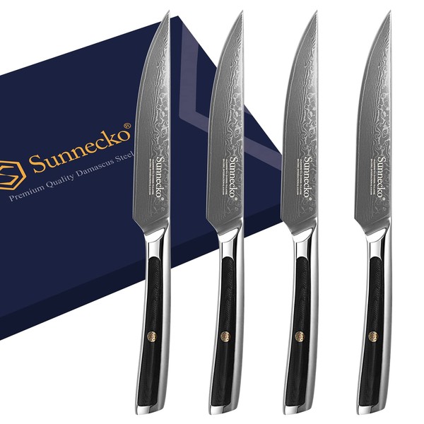 Sunnecko Steak Knife Set of 4, High-Quality Damask Steak Knife, Sharp Blade and G10 Handle, Pizza Knife, Barbecue Cutlery Table Knife with Gift Box