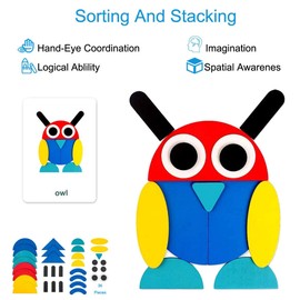 EACHHAHA Wooden Puzzles from 3 Years, Montessori Toy for Children from 3 Years, Geometric Shapes, Educational Toy with 60 Design Cards and 36 Puzzle Pieces, Gifts for Boys and Girls