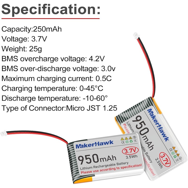 MakerHawk 3.7V 950mAh LiPo Battery Rechargeable 1S 3C Lithium Polymer