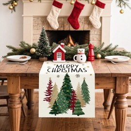 Artscope Christmas Tree Table Runner, Xmas Winter Snowflakes Holiday Kitchen Dining Table Decoration for Christmas Home Decor 13x90 Inch-Beige