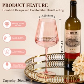 TrophyToast Pink Ribbed Wine Glasses Set of 4-20oz Hand-Blown Fluted Glassware, Lead-Free Crystal Vintage Ripple Texture Red Wine Glasses, Perfect Gifts for Weddings, Birthday, Special Occasions