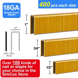 SimCos 18 Gauge 1/4" Narrow Crown Staples (1", 3/4", 1/2"), Assorted 1200 Counts for 18 GA Pneumatic or Electric Stapler or Staple Gun,Project Pack (Galvanized Steel)