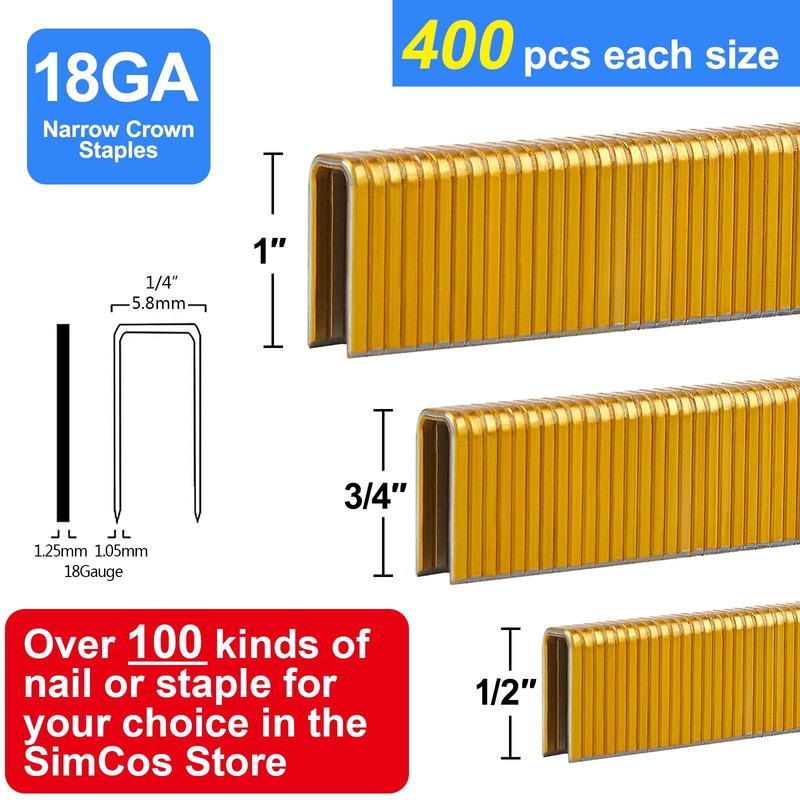 SimCos 18 Gauge 1/4" Narrow Crown Staples (1", 3/4", 1/2"),