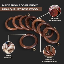 INANOSA Handcrafted Natural Rose Wood Curtain Rings with Hooks – 2.5" Outer, 1.75" Inner Diameter – Smooth Wooden Drapery Rings for Rod with Metal Hooks – Pack of 24