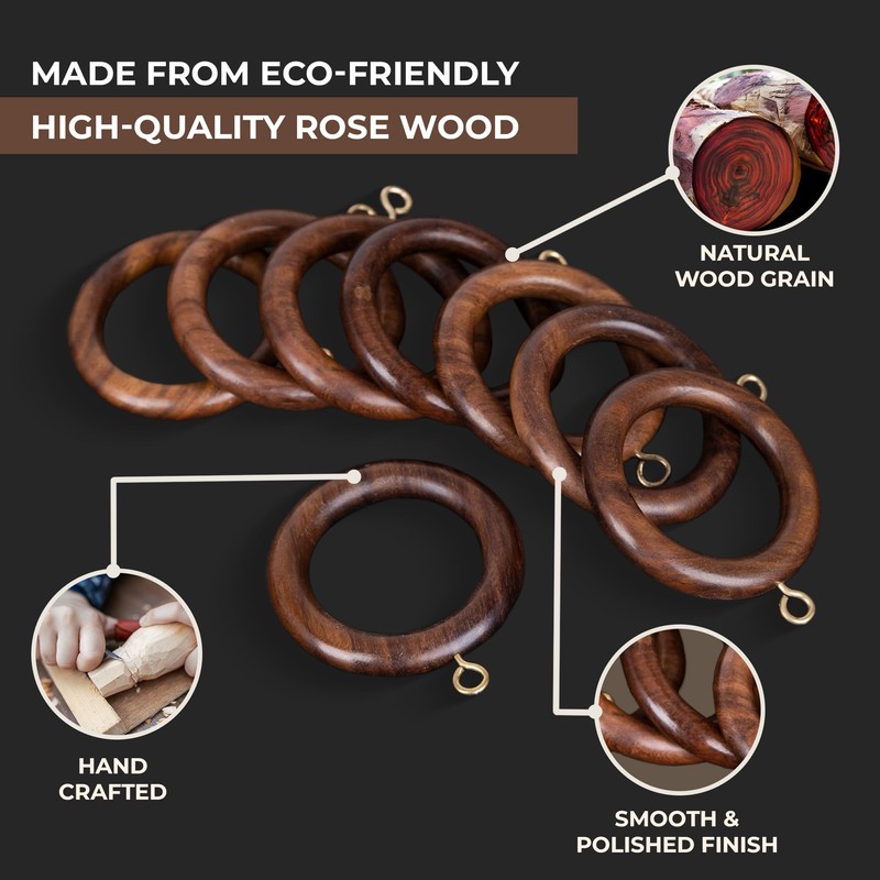 INANOSA Handcrafted Natural Rose Wood Curtain Rings with Hooks –