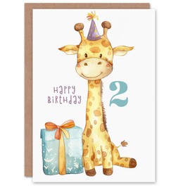 Artery8 2nd Birthday Card Cute Baby Giraffe in Party Hat Cartoon Kids Age 2 Year Old Child For Son Daughter Girl Boy Happy Card