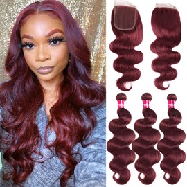 Teveshine 10A Burgundy Bundles Human Hair with Closure Body Wave 99j Burgundy Bundles with Closure 14 16 18+14inch Free Win Red Colored Brazilian Raw Quick Body Wave Human Hair