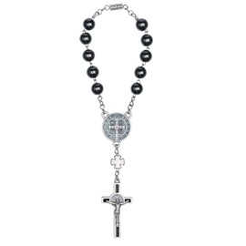 Intercession Hematite Car Rearview Mirror Rosary (St Benedict)