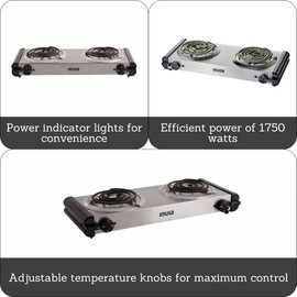 Imusa USA GAU-80312US Electric Double Burner 1750-Watts, Stainless Steel, Silver