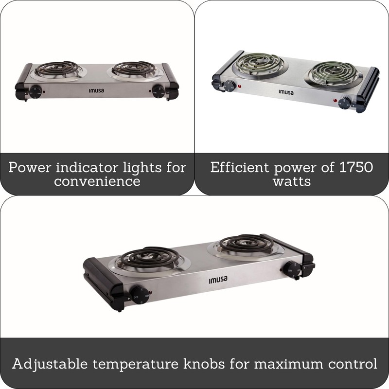 Imusa USA GAU-80312US Electric Double Burner 1750-Watts, Stainless Steel, Silver