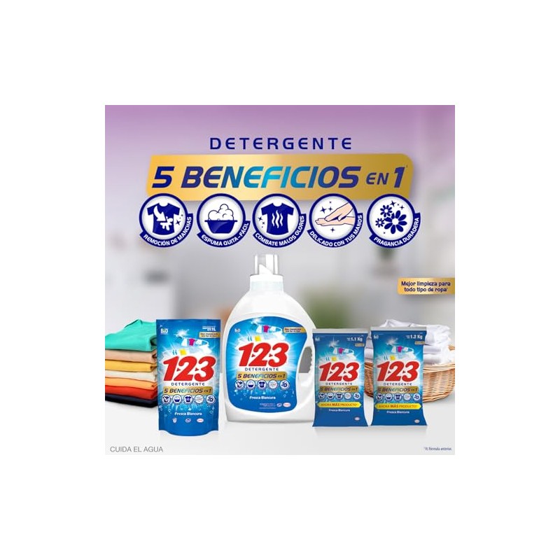 1-2-3 MAXI PODER regular, detergente líquido, ropa blanca, Fresca Blancura,