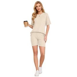 VUTRU Womens Pajama Sets Ribbed Knit Matching Lounge Sets 2 Piece Outfits T-Shirt Tops Biker Shorts Sleepwear Sweatsuits Beige
