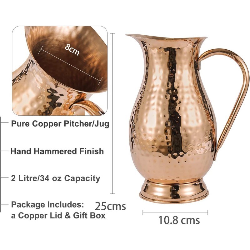 100% Pure Copper Pitcher 70 Ounces | Handmade Hammered Large