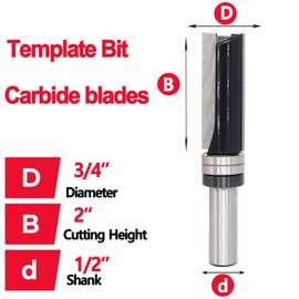 SICWOOD Flush Trim Router Bit 1/2 Shank, 3/4" Cut Dia, Cutting Length 2", Pattern Top Bearing Template Flush Cut Trim Router Bit, for Woodworking Trimming