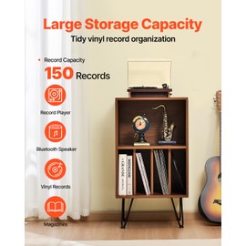 VEVOR Record Player Stand, 3 Tiers Turntable Stand with Record Storage, Holds up to 150 Albums, Vinyl Record Storage Cabinet with Metal Legs for Bedroom, Living Room, Brown