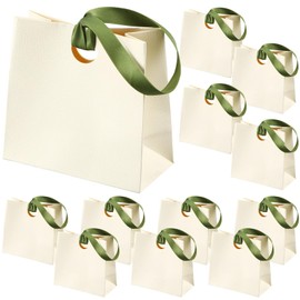 Gilprop 12 Pcs White Mini Paper Gift Bags with Green Ribbon Handle Bulk Thick Texture Wedding Goodie Bags Welcome Bag for Bridesmaid Bridal Shower Housewarming Holiday Birthday Party