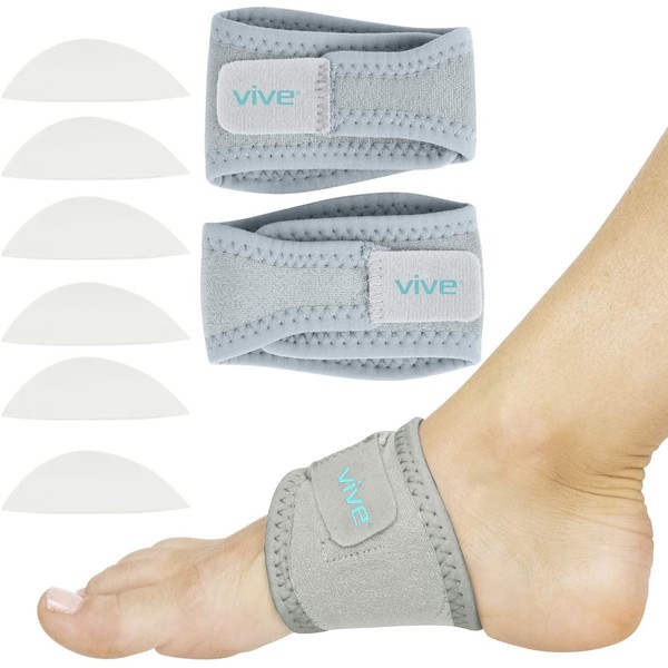 Vive Arch Support Brace (Pair) - Plantar Fasciitis Gel Strap for Men, Woman - Orthotic Compression Support Wrap Aids Foot Pain, High Arches, Flat Feet, Heel Fatigue - Insert for Under Socks (Gray)