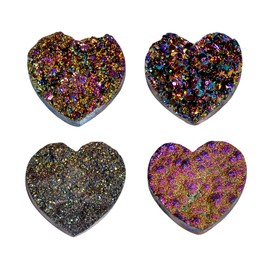 GEMKORA (4 pcs) Titanium Quartz Druzy Heart Gemstones, Home, Office, Living Kitchen, Room Decor, Loose Gems, DIY, Wire Wrapping, Reiki, Wikka, Healing Crystals, Bulk Deal 25-30 MM