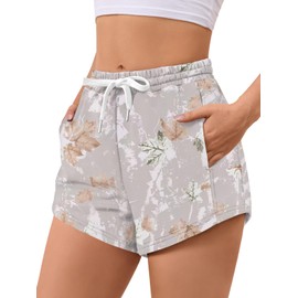 LYHIPSS Camo Shorts Women Comfy Lounge Sweat Shorts Drawstring Maple Leaf Print Casual SweatShorts with Pockets Gray Camo XS