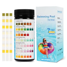 Pack of 160 Pool Test Strips, 7-in-1 Pool Water Test Strips, pH Test Strips, Pool Tester for Free Chlorine, PH, Bromine, Total Alkalinity, Total Chlorine, Total Hardness, Cyanuric Acid