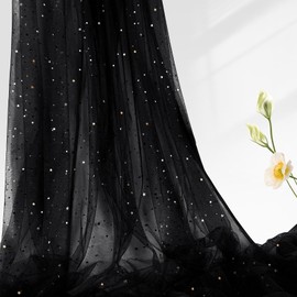 Horbaunal Black Glitter Tulle Fabric Rolls 54 Inch Wide by 3 Yard Star Moon Sequin Tulle Rolls, Tulle Netting Fabric for Tutu Skrits DIY Craft Wedding Backdrop Party Decorations