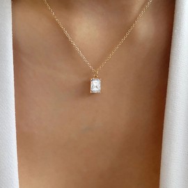 TseenYi White Crystal Pendant Necklace Transparent Rhinestone Pendant Necklace Boho Square Crystal Gemstone Choker Necklace Gold CZ Square Chain Jewellery for Women and Girls