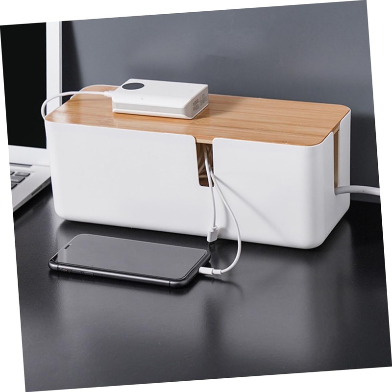 KICHOUSE Cable Storage Box Bamboo Lid Power Line Manager for