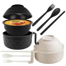 RONSOOBA 2 Sets microwave ramen bowl,wheat fiber instant noodle bowl,Noodle Bowl with Phone Holder, Portable Ramen Cooker,ramen bowl set,microwave ramen bowl with strainer (Grey + Black)