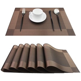 PIGCHCY Place Mats Heat-Resistant Non Slip Placemats Easy Wipe Clean Table Mats Woven Vinyl Placemats for Dining Table(Set of 6, Brown)